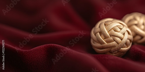 Decorative golden knots on luxurious burgundy velvet fabric. Elegant accessories for fashion or home decor. Close-up view with soft focus and copy space