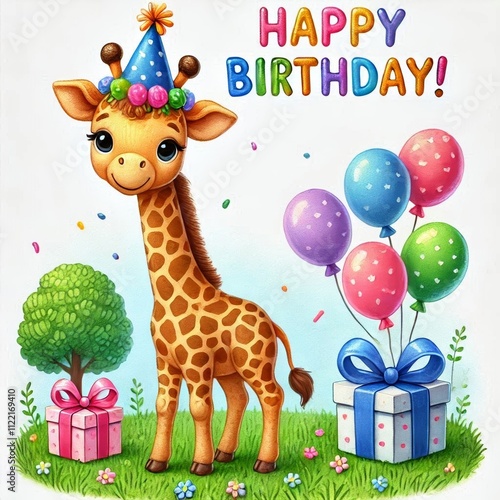 Happy Birthday greeting card. Illustration of kids giraffe in festive hat. Children's birthday party. For poster, cover, label