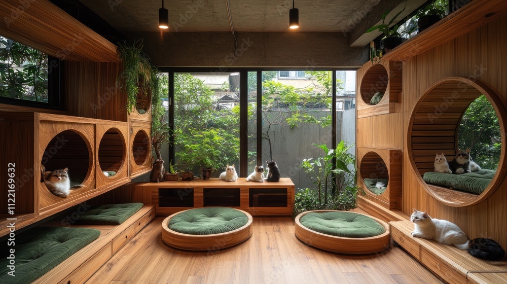 Fototapeta premium Modern cat room with circular wooden beds, shelves, and large windows showing lush greenery.