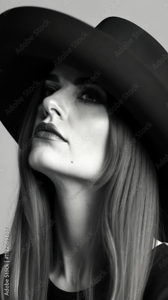 Portrait of a woman with long hair wearing a large black hat in a studio setting Portrait of a woman with long hair wearing a large black hat in a studio setting