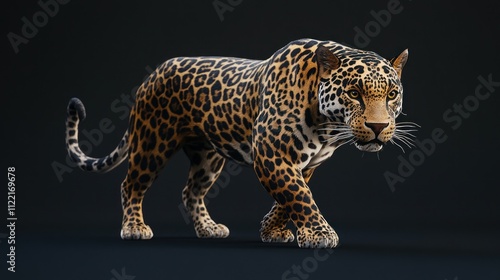 Majestic jaguar walking, spotted coat, dark background. photo