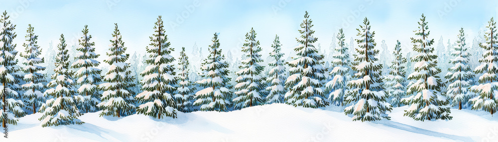 Obraz premium serene snowy alpine forest with tall evergreen trees covered in snow, creating peaceful winter landscape. soft blue sky enhances tranquil atmosphere
