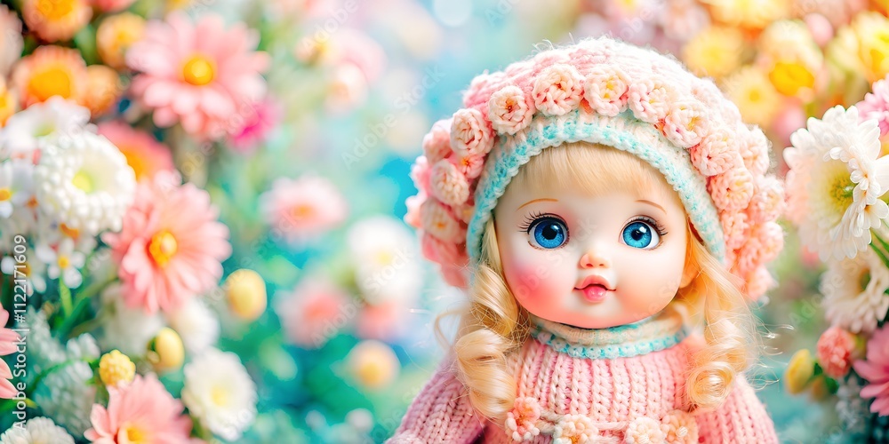 Fototapeta premium Doll among colorful flowers in a bright garden setting during springtime