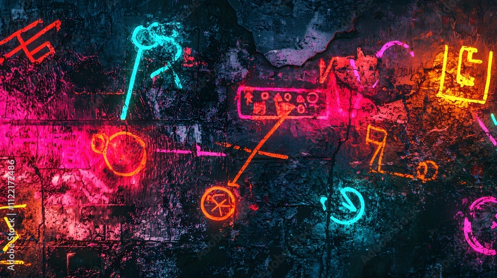 Obraz premium Vibrant Neon Graffiti with Glowing Lines and Symbols on Wall