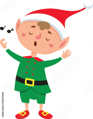 Cartoon christmas elf dressed in a vibrant green costume, red shoes, and a cheerful santa hat, joyfully singing a christmas carol while surrounded by playful musical notes