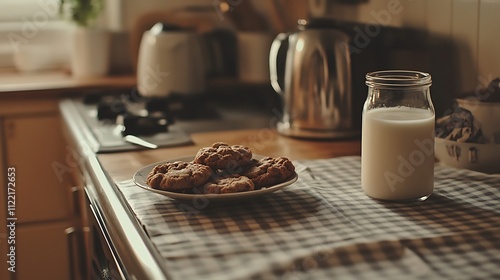 Oatmeal cookies and milk on kitchen counter