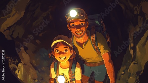 Happy father and daughter exploring a dark cave with headlamps.