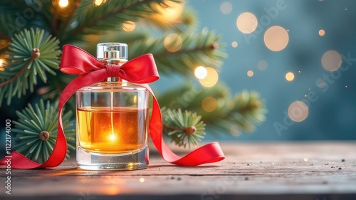 Bottle of perfume on New Year's festive background, against background of Christmas tree, blurred, festive background, bokeh, surface, table, glow. Gift. Place for text, free space.
