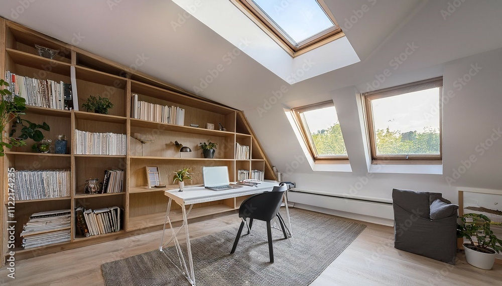 Fototapeta premium a minimalist attic converted into a study room with a long desk under a sloped ceiling integrated bookshelves and a skylight providing natural light the furnishings are simple and functional