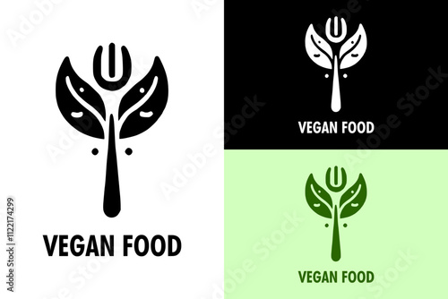 fork, leaves, leafy, vegetarian, vegetables, veggies, vegan food logo, restaurant logo, eco friendly, greenery, healthy, dots, vector graphics photo