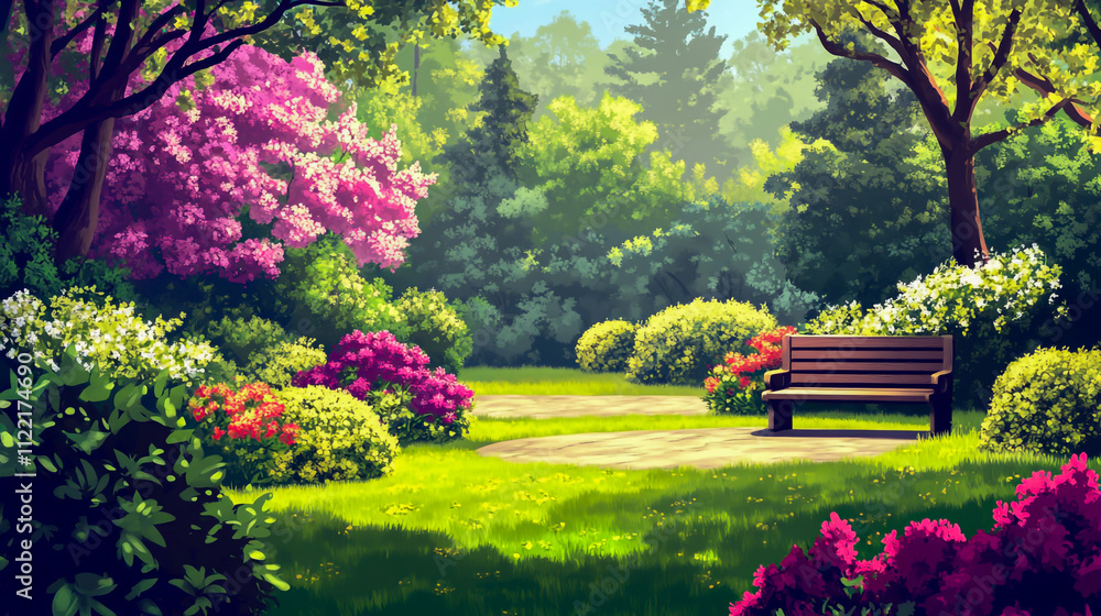 Naklejka premium Springtime Flower Garden with Blooming Rhododendrons and Bench