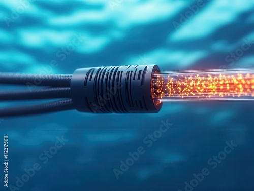 Conceptual image of an underwater fiber optic cable linking continents, glowing under the ocean photo