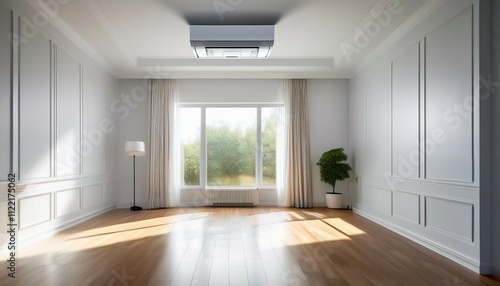 brightly lit room featuring a ceiling mounted air conditioner