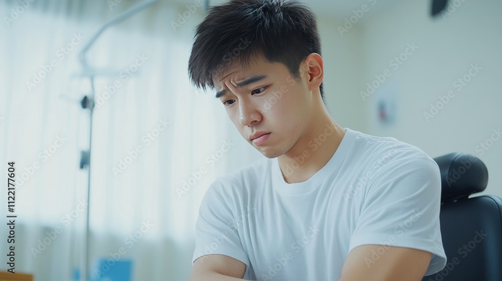 Fototapeta premium Young Asian man doing physiotherapy and seeking advice from muscle pain with shoulder, limbs in rehabilitation center. 
