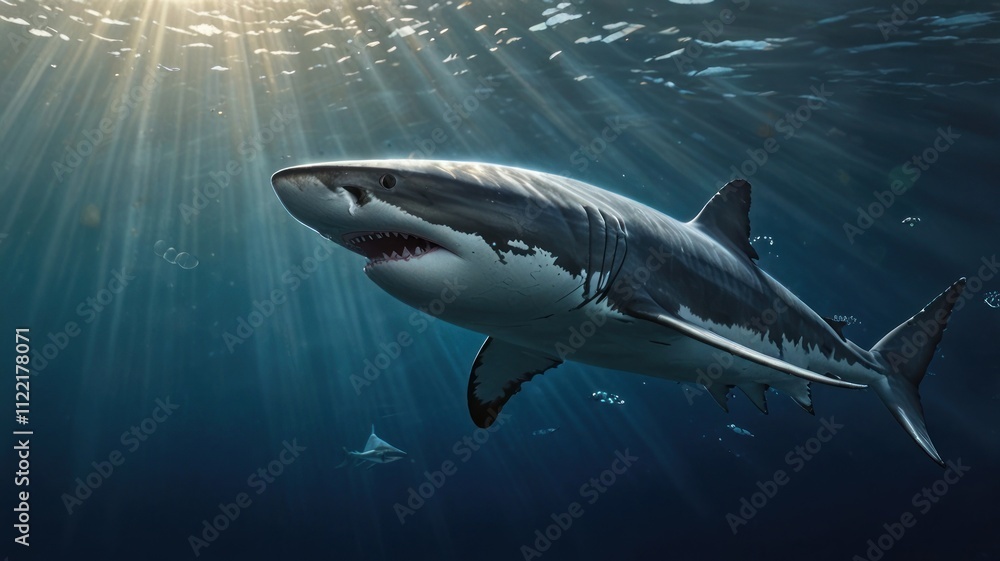 Fototapeta premium Great white shark underwater, sun rays. (1)