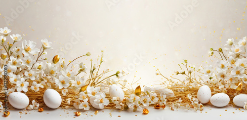 Light Easter banner. Spring floral arrangement with gold accents with pastel eggs in a delicate display for Easter celebrations