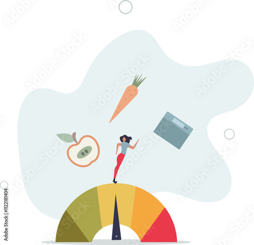 Woman and obese chart scales.Cartoon person on diet trying weight control with BMI.flat characters.