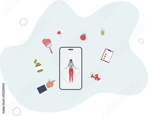 WebWeight loss with mobile app. diet plan with healthy food and vitamin supplements, sport workout in gym.flat characters.