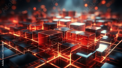 Abstract red technology background in glowing cubes, a 3D rendering of a red glowing blockchain network