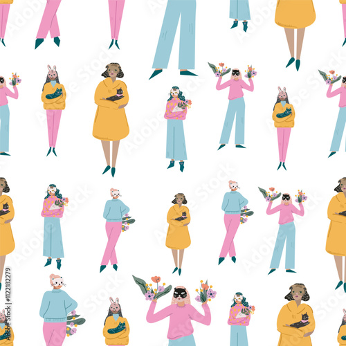 Seamles pattern. Cute girls are going to a costume party.  Flat illustration. Transparent background. Design placat, banner, card