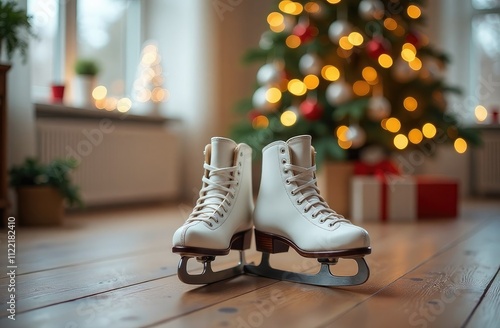 White skates against a festive New Year background. Space for text, free space.