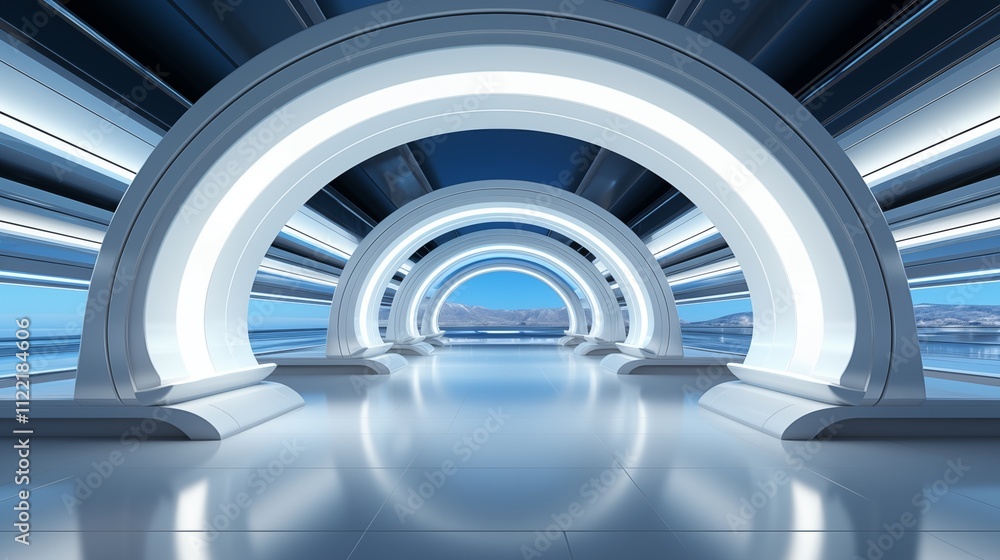 Fototapeta premium Abstract white tunnel, glowing light ring, futuristic sc-fi style empty room background, abstract modern design, product presentation, branding mockup, illuminated corridor