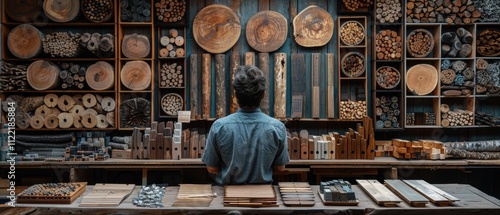 Craftsman Examining Wooden Samples Materials in Workshop