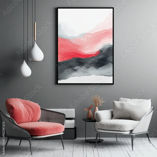 Modern Poster Mockup Scene | Realistic Frame Display in Minimalist Interior, Contemporary Wall Art Showcase	 photo