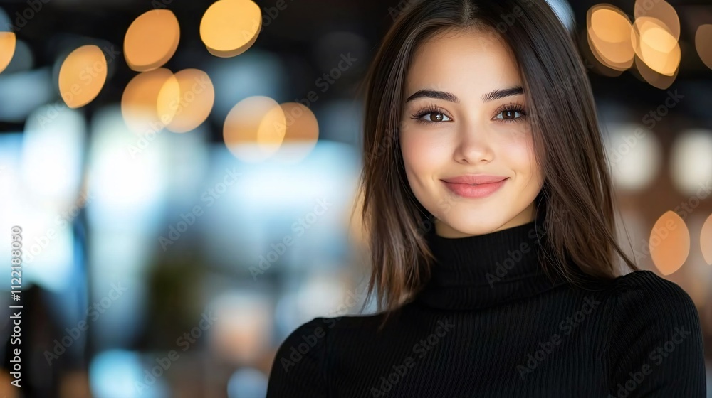 custom made wallpaper toronto digitalPortrait of a smiling young woman with long brown hair wearing a black turtleneck.