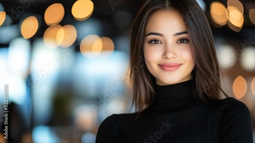 Wallpaper Mural Portrait of a smiling young woman with long brown hair wearing a black turtleneck. Torontodigital.ca