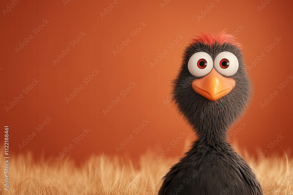 Fototapeta premium Humorous cartoon-style bird with quirky expression on orange background, surrounded by dry grass
