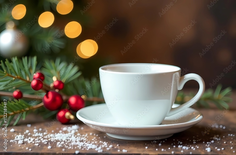 Fototapeta premium Christmas mockup white coffee/tea cup on table and branches Christmas tree wreath and Christmas background. Mug template for your design
