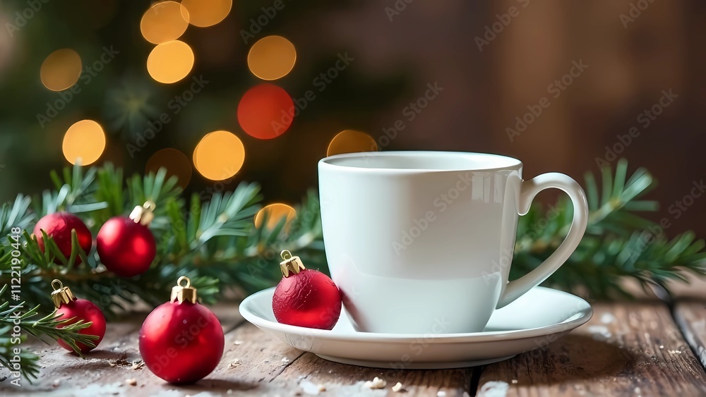 Fototapeta premium Christmas mockup white coffee/tea cup on table and branches Christmas tree wreath and Christmas background. Mug template for your design
