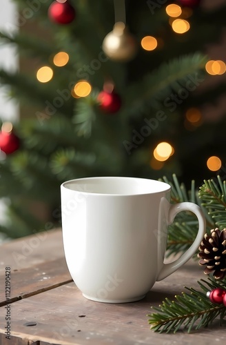 Wallpaper Mural Christmas mockup white coffee/tea cup on table and branches Christmas tree wreath and Christmas background. Mug template for your design Torontodigital.ca