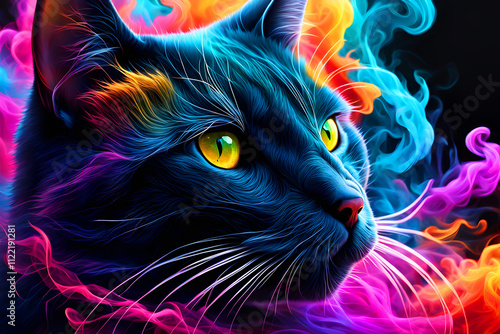  Majestic cat in vibrant smoky colors against dark abstract background