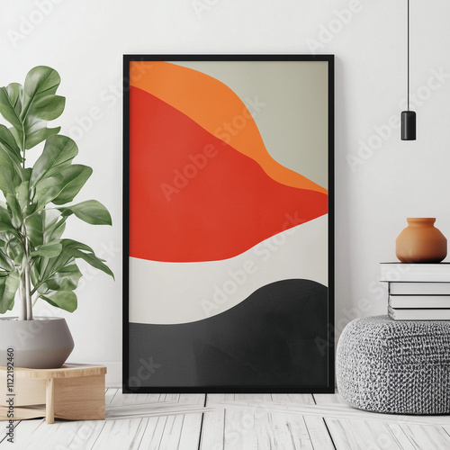 Modern Poster Mockup Scene | Realistic Frame Display in Minimalist Interior, Contemporary Wall Art Showcase	 photo