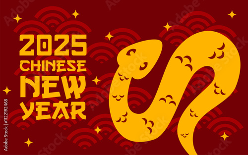 2025 Chinese New Year gold snake greeting card design with a celebratory red background.