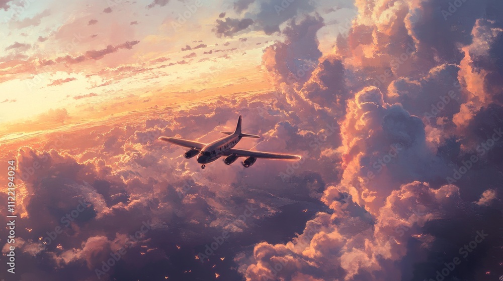 Naklejka premium An airplane soaring through a clear sky filled with soft white clouds.