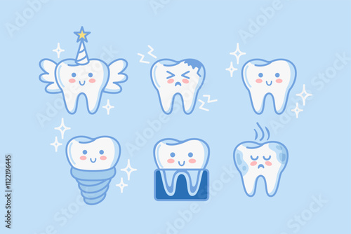 Teeth, a set of cute characters in kawaii style. Tooth fairy, x-ray, implant, caries. Healthy organ, digestive system. Vector illustration. Health problems.