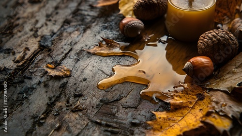 Close-up of melted wax drippings on a rustic table