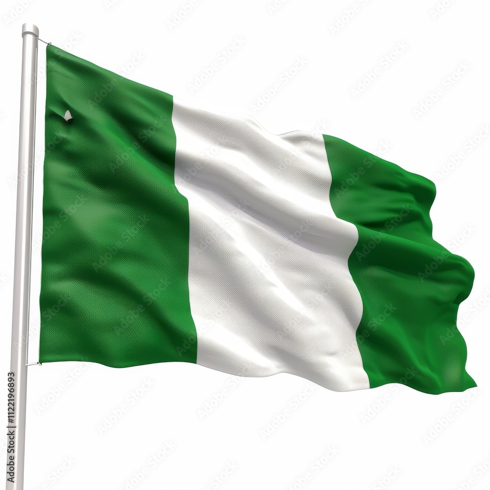 Obraz premium Nigeria flag waving over a white background, showcasing the green and white vertical stripes with