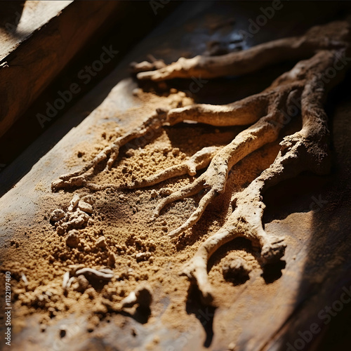 Dried Rauwolfia serpentina roots arranged naturally on a wooden surface with scattered root powder showcasing the intricate coarse texture and earthy tones of the roo photo