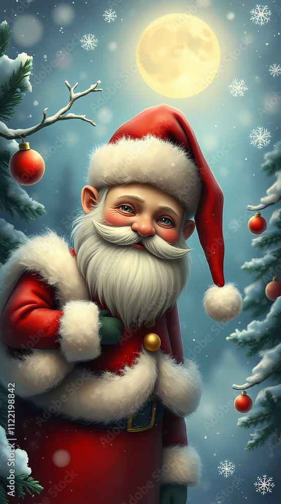 Greeting card image of a strangely cute Christmas santa claus, winter wonderland. Greeting card image of a strangely cute Christmas santa claus, winter wonderland.