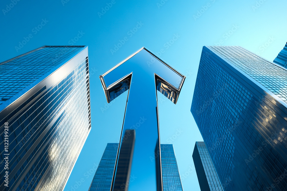 Naklejka premium Reflective arrow pointing upwards amidst towering skyscrapers in a vibrant urban skyline under a clear blue sky