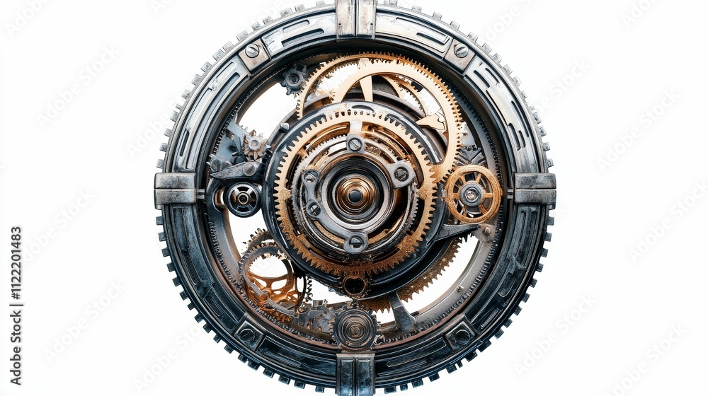 Fototapeta premium Circular metal gear mechanism, intricate, complex, detailed.