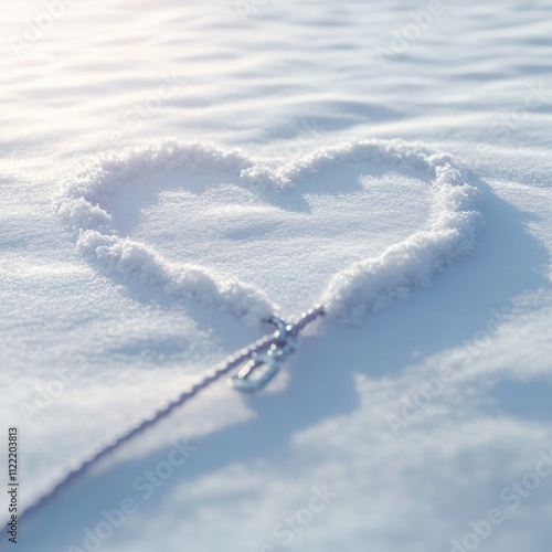 A minimalist illustration of a heart formed by a dog's leash in fresh snow, soft natural light creating a serene effect. photo