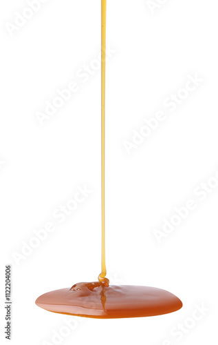 Tasty caramel sauce dripping on white background, closeup