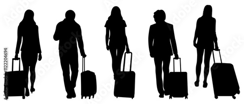 Silhouettes of travellers with suitcases.Vector illustration isolated on white background.