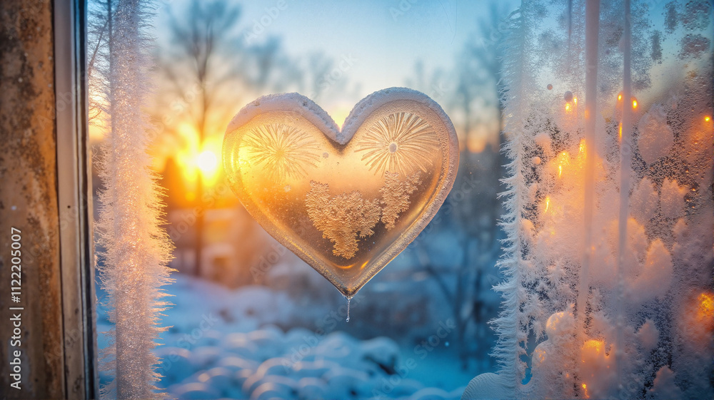 Fototapeta premium Frosted heart shape on snowy window with glowing light