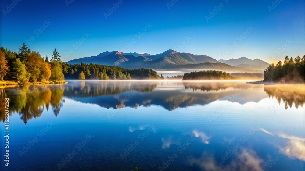Fototapeta premium Mountain lake reflection in sunny landscape